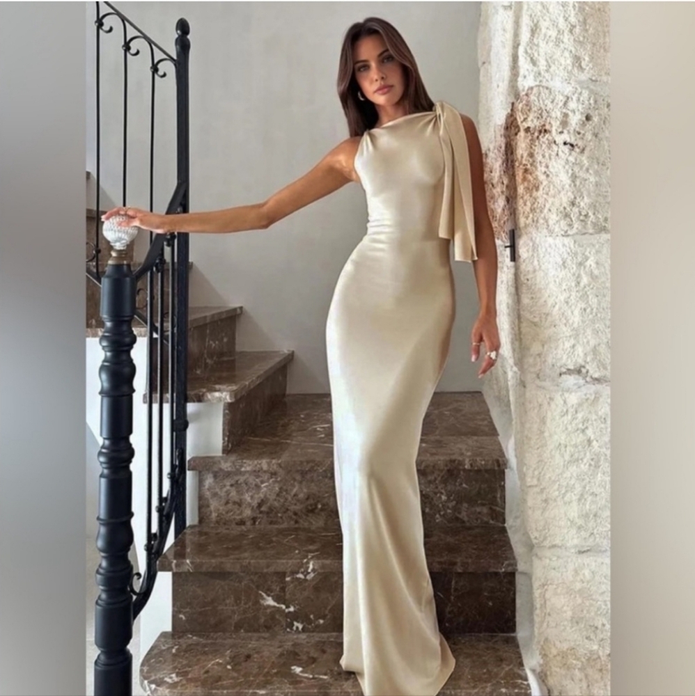 Off White Long Gown with Shoulder Tie